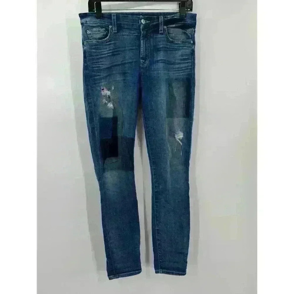 7 For All Mankind Women's Skinny Ankle Jeans Sz 28 Color Block Patch Distressed - Picture 1 of 7